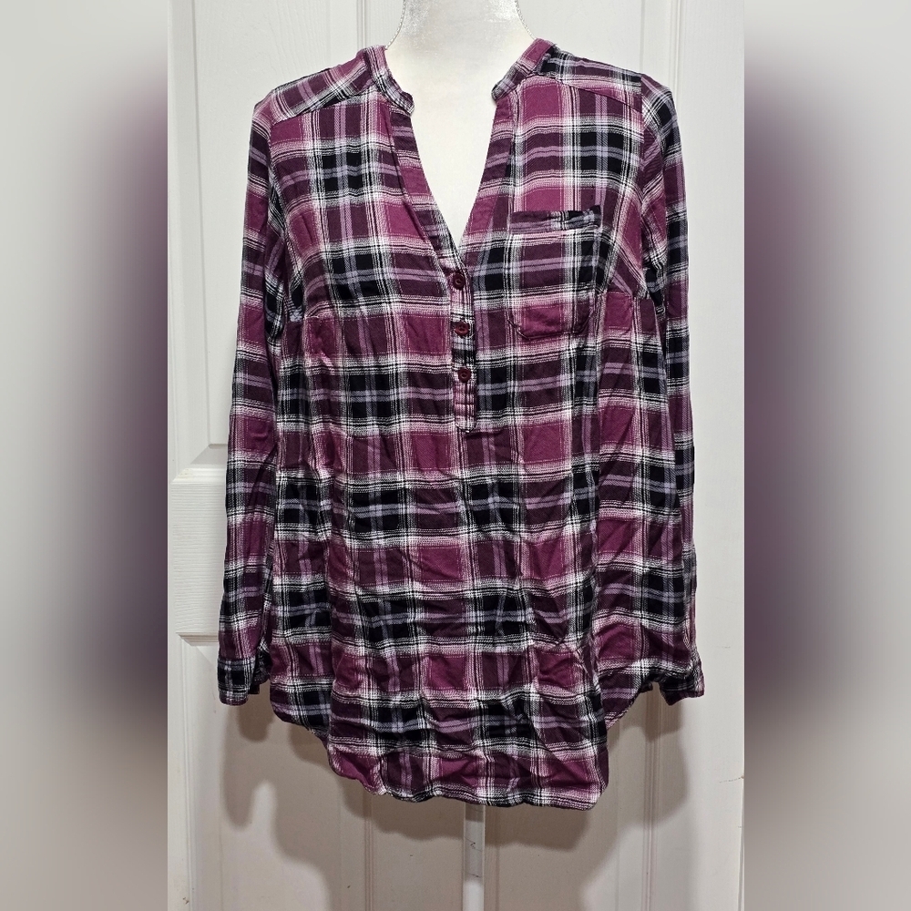 Torrid Plaid Twill Henley Tunic Top Blouse